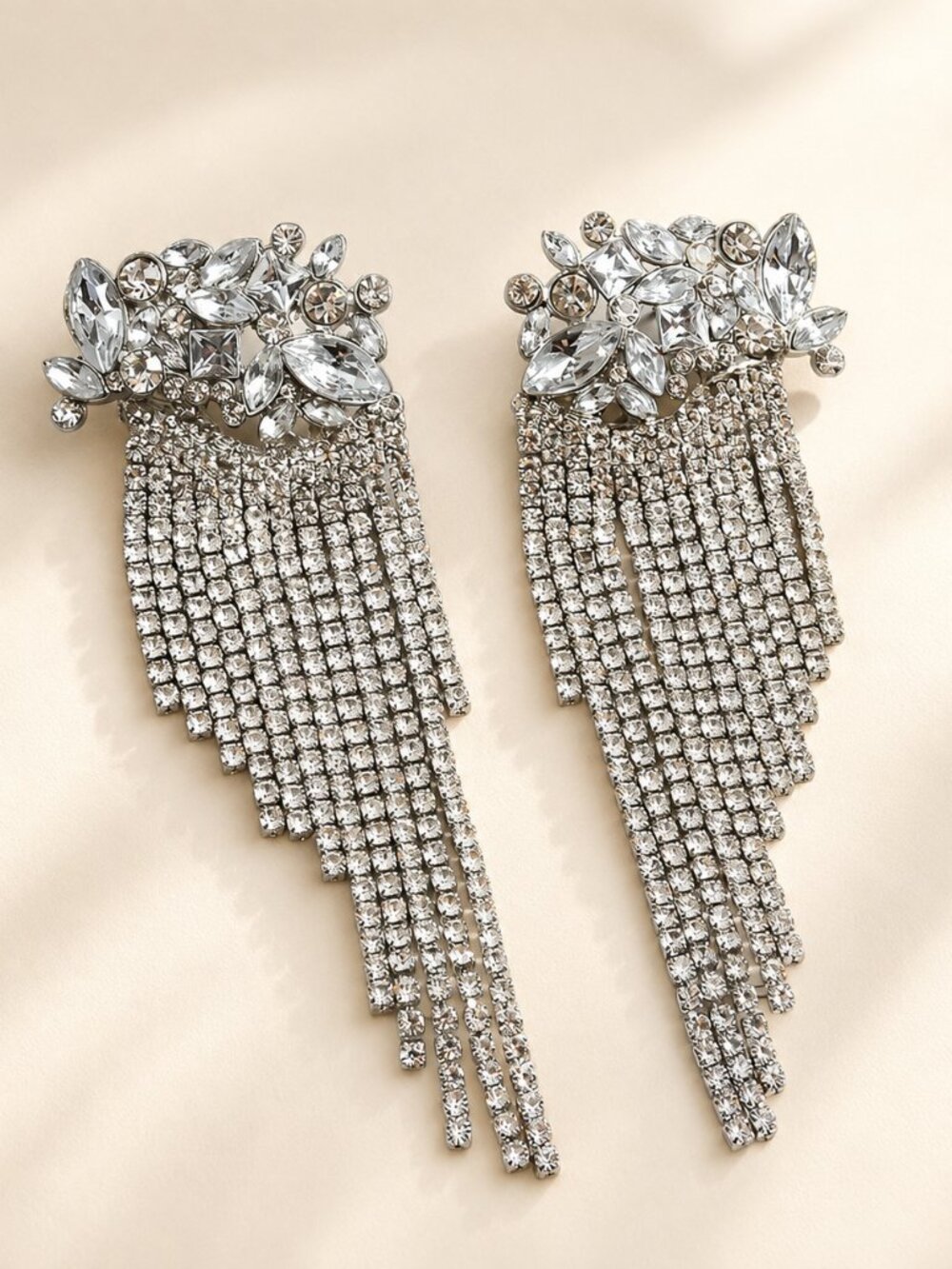 ✨ Silver Rhinestone Fringe Statement Earrings Crystal Chandelier Drop Earrings